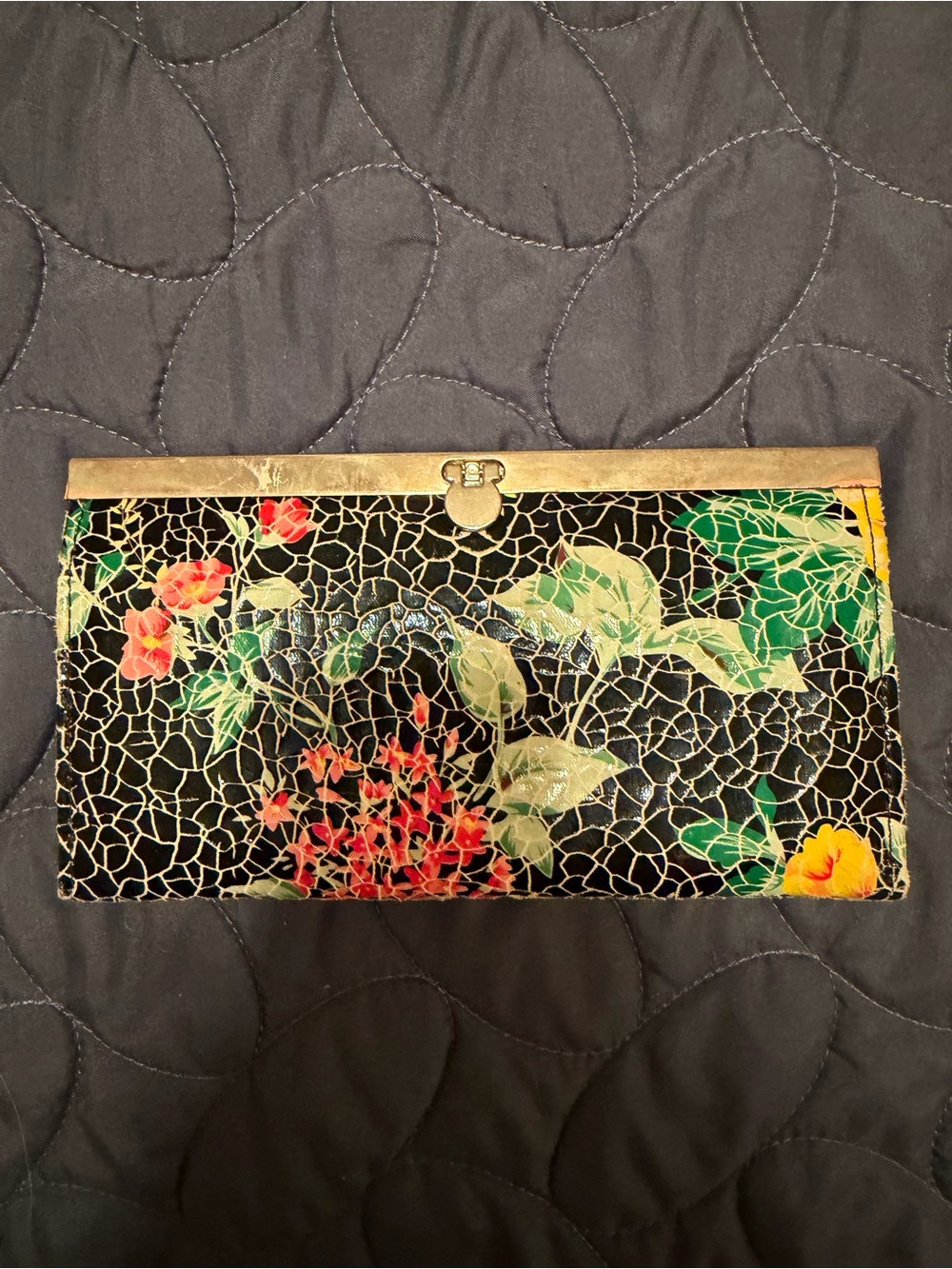 NWOT - Floral Cracked Patent Clutch Wallet with Gold Frame